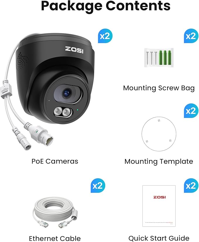 ZOSI C220 2Pack 4MP 2.5K QHD Add-On PoE IP Camera Outdoor, 1440p Surveillance Outdoor Camera to Home Security System, Only Work with ZOSI PoE NVR, 100ft Night Vision, AI Human Detection, Two-Way Audio