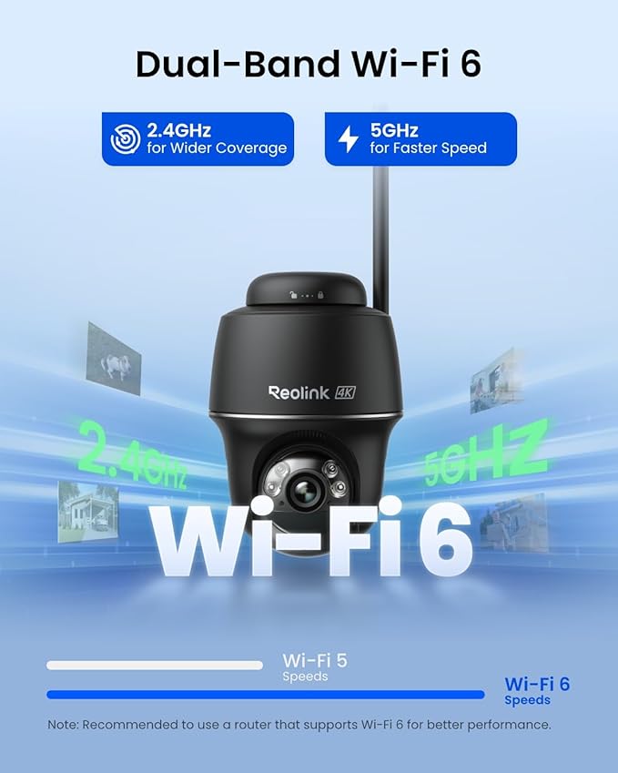 REOLINK 4K Solar Security Cameras Wireless Outdoor, 360° Pan Tilt, 8MP Color Night Vision, 2.4/5 GHz Wi-Fi 6, No Monthly Fee, Home Hub Compatible, Argus PT 4K+ 3W Solar Panel (Black)