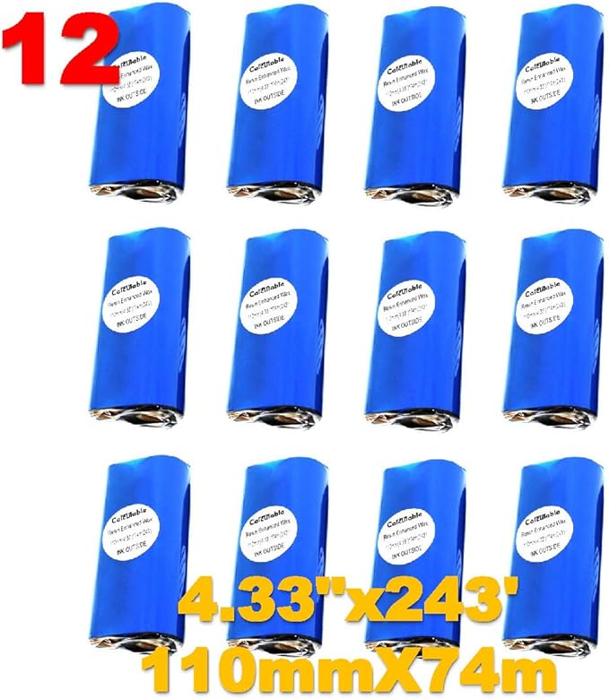 12 Count 4.33" x 243' (110mmx74m) Thermal Wax Ribbons 1/2" Core Thermal Transfer Wax Ribbon for Zebra,TEC,DATAMAX,INTERMEC,Avery,Citizen,SATO,TSC,GODEX,ARGOX