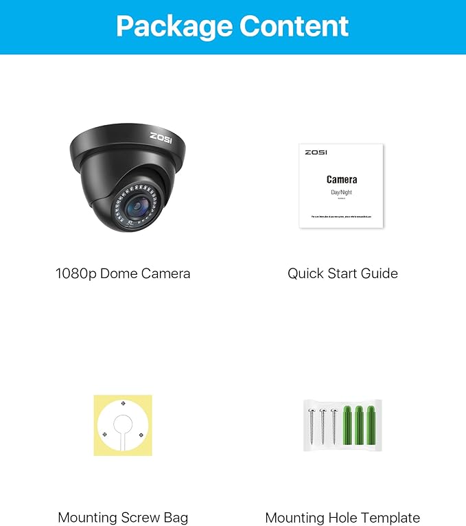 ZOSI 2.0MP FHD 1080p Dome Camera Housing Outdoor Indoor (Hybrid 4-in-1 CVI/TVI/AHD/960H Analog CVBS),24PCS LEDs,80ft IR Night Vision,CCTV Security Camera with 105° Wide Angle