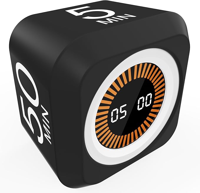 Rotating Cube Visual Pomodoro Timer 5, 25, 10 50 Minutes Preset + Custom Countdown, Rechargeable Desk Productivity Flip Timer with Detachable Silicone Cover for ADHD Study Work Kitchen School (Black)