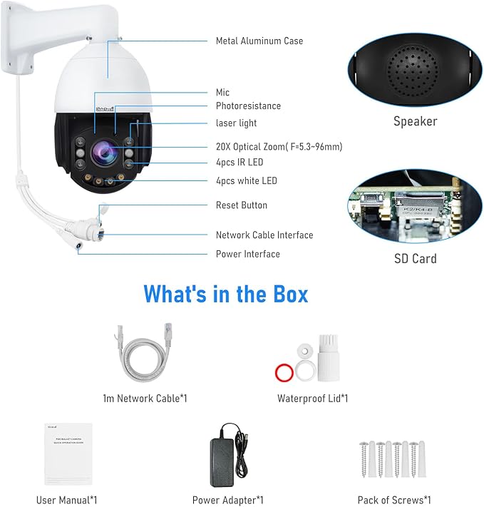 JideTech 4K 8MP Outdoor PTZ IP PoE Camera with 200x Hybird Zoom Pan Tilt Auto Tracking Security Dome Cameras, Human/Vehicle Detection, 492ft IR, Color Night Vision, 2-Way Talk,BlueIris, for ONVIF NVR
