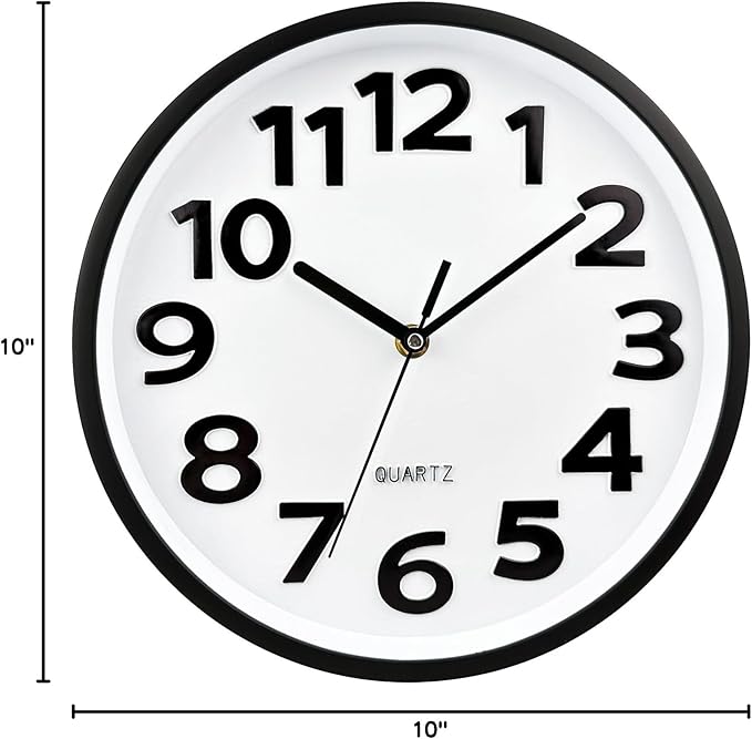Plumeet 10'' Small Wall Clock, Battery Operated Small Wall Clocks Silent Non-Ticking Quartz, Modern Style Suitable for Bedroom Living Room Office Decor - 3D Numbers Display Easy to Read, White