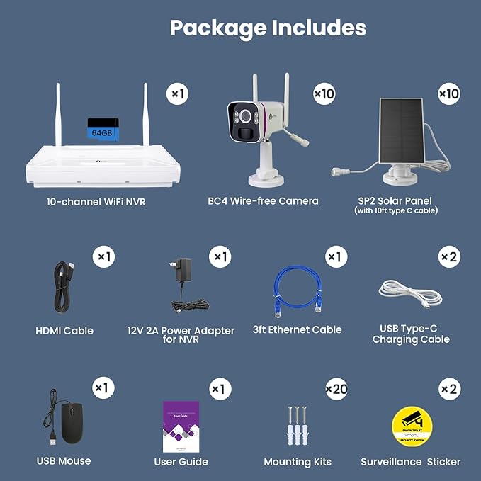 XMARTO Solar Security Cameras Wireless Outdoor, WiFi6 NVR with 64GB Micro SD Card, 10 PCs 4MP QHD Home security camera system with 10CH Expandable NVR, 120 Days Local Storage, All-Weather Solar Charge