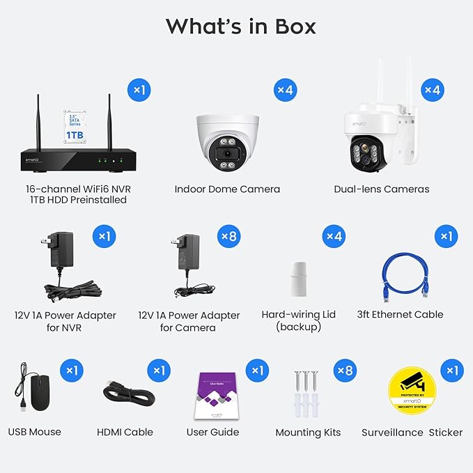 xmartO 10CH 8 Pcs Home Security Camera Kit, 4 * 10X Zoom WiFi6 Security Camera and 4 * 2K HD Dome Camera, 2-Way Audio, Night Vision, 24/7 Surveillance Camera, No Monthly Fee(Include 1TB Hard Drive