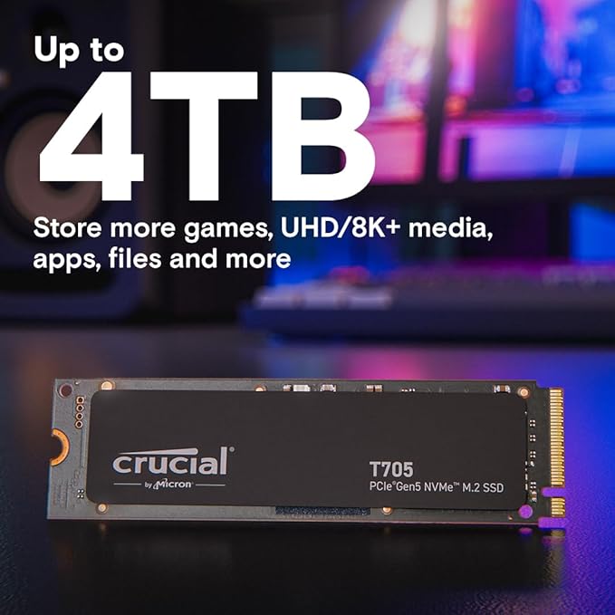 Crucial T705 PCIe Gen5 NVMe 1TB SSD, Up to 13,600MB/s, TLC NAND, Intel & Ryzen Compatible, for Hardcore Gaming & High-Speed Storage, Solid State Drive, Includes 1Mo Adobe CC – CT1000T705SSD3