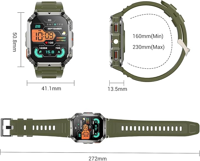 Military Smart Watches for Men,Smart Watch for Android iPhone with Large 2.01"Fitness HD Display/Flashlight/100-Day Battery/Compass/Heart Rate/120+ Sports Modes/IP68 Waterproof Smartwatch (2 Straps)
