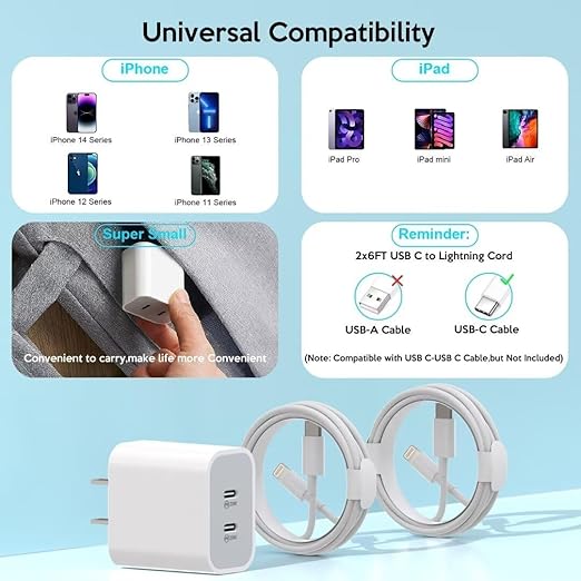 iPhone Charger 40W, USB C Charger,Dual Port 20W Type C Fast Charging Block,2-Pack 6ft MFi Certified USB-C to Lightning Cable for iPhone 14/13/12/12 Pro/12 Pro Max/11/11 Pro/11 Pro Max/XR/XS/X/8,iPad