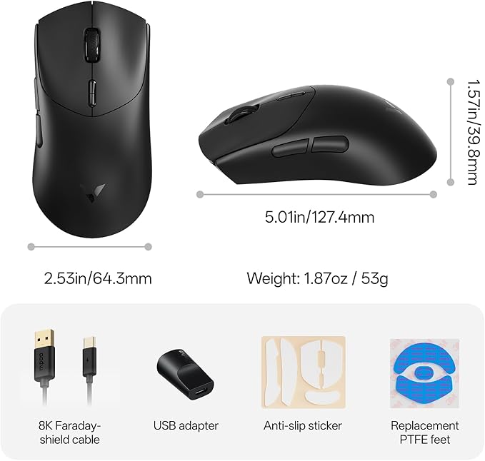 Rapoo VT7 Wireless Gaming Mouse, True 8K Wireless Polling Rate, 53g Lightweight, Up to 750 Hr Battery, Nordic nRF54L15 MCU, 100-Million Mechanical Switch, 10 Programmable Buttons, Black