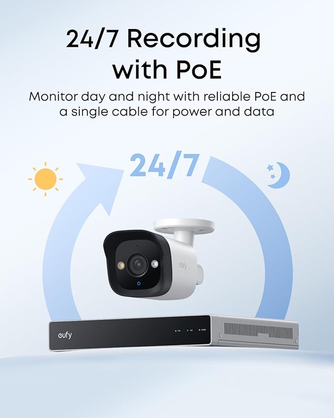 eufy PoE Bullet Security Camera E40, NVR Add On Cam, Requires eufy NVR, 4K UHD, 122° FOV, F1.6 Color Night Vision, 24/7 Recording, Human/Vehicle/Pet AI Detection, Red and Blue Strobe, Plug and Play