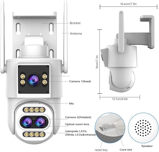 JOOAN Outdoor Security Camera 2Kx3 3Lens 2 Screen【10X Optical Zoom & Auto Tracking】 Home Surveillance IP Cam 360°PTZ 2.4G WiFi Wired IP66 Waterproof Motion Alert,8-256G Card/Cloud Storage,Siren Alarm
