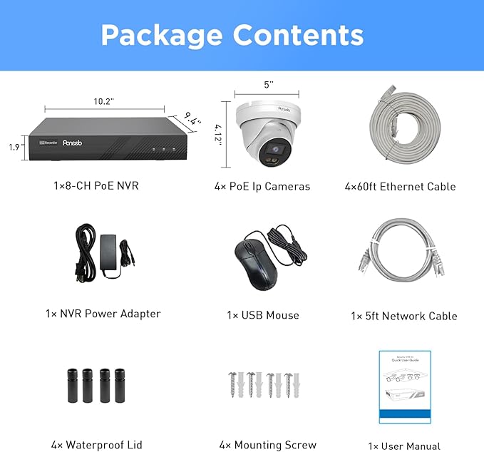 8MP PoE Camera Systems, 4X 4K/8MP Wired Security IP Dome Cameras with Person Vehicle Detection, Built-in Mic, Smart Dual Lights Full Color Night Vision, 4K 8CH NVR 2TB HDD, PD93BA0408-8MD
