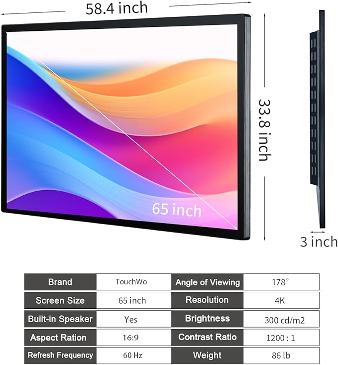 65 inch Interactive Touchscreen Monitor, Smart Board with 4K Display, Win-10 Electronic Whiteboard Touch Screen PC for Office and Classroom, Core i5 RAM 4G & ROM 128G