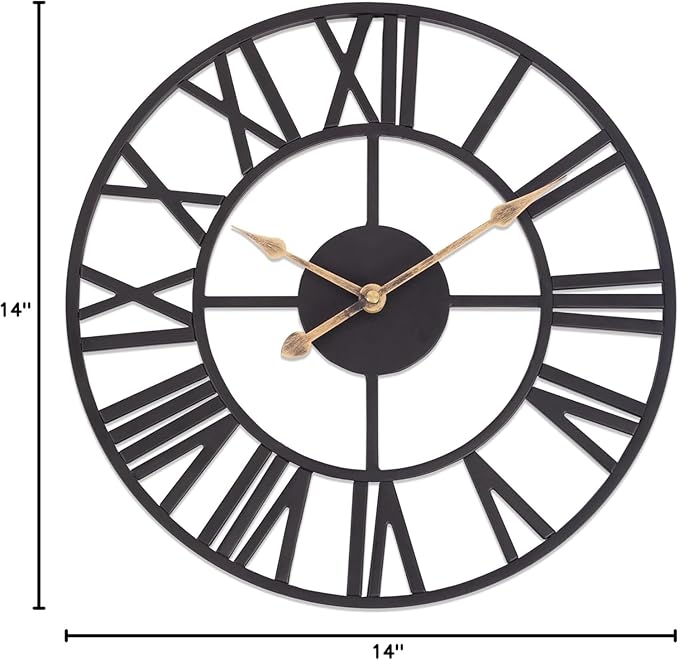 BEW Wall Clocks for Living Room Decor, Black Metal Skeleton Wall Clock Silent Battery Operated, Rustic European Industrial Farmhouse Decorative Wall Clocks for Kitchen, Bedroom, Dining Room-14 in