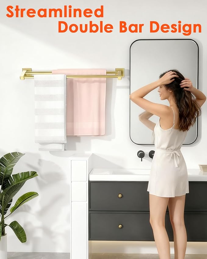 Alise Double Bath Towel Bars Towel Racks for Bathroom,Wall Mount Towel Holder Heavy Duty SUS304 Stainless Steel Towel Hanger Towel Rail,GK9700-G Golden Finish,28-Inch
