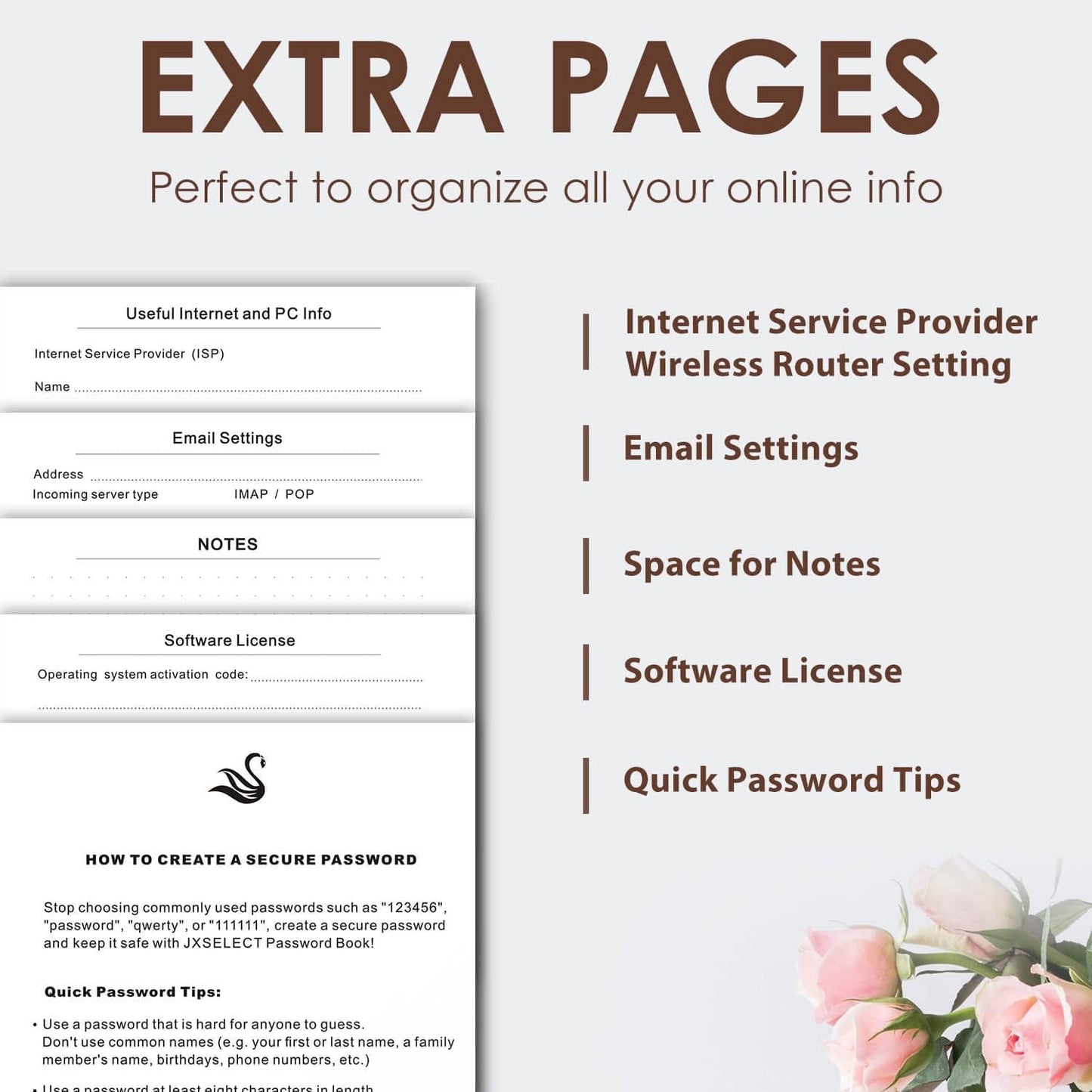 Elegant Password Book with Alphabetical Tabs - Hardcover Password Book for Internet Website Address Login - 5.2" x 7.6" Password Keeper and Organizer w/Notes Section & Back Pocket(Brown)