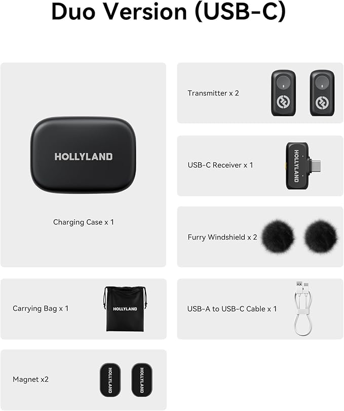 Hollyland Lark A1 Wireless Microphone for iPhone 17/16/15 & Android, 48kHz/24-bit, 3-Level Intelligent Noise Cancel, Mini Mic for YouTube, Podcast, Vlogging (Black, 2TX + USB-C RX + Charging Case)