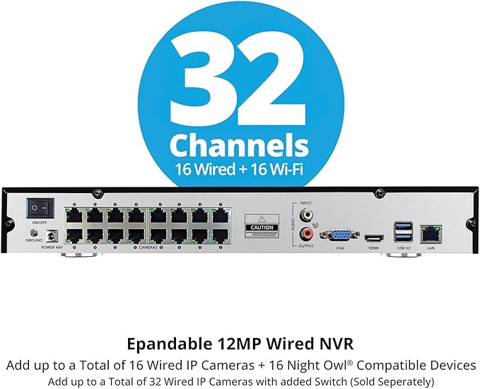 Night Owl 2-Way Audio 32 Channel 12MP NVR with 16TB HDD and 12 Wired IP 4K Deterrence Dome Cameras