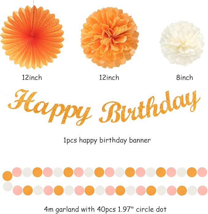 Orange Hippie Birthday Party-Decorations Paper-Flowers - 14pcs Happy Banner Fall Honeycomb Tissue Pom Poms,Boho Streamers Garland Fans,Sweet Peach Groovy Sunset Groovy Hanging Supplies Decor Hugfond
