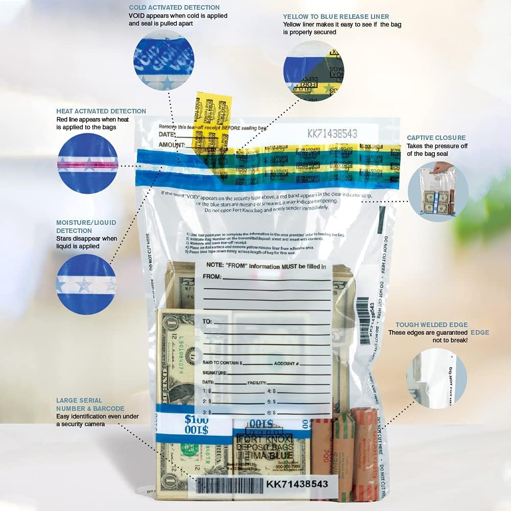 BankSupplies Ultima Blue Clear Cash Transmittal Bags | 12W x 16H | 500 Pack | Captive Flap Closure | Tamper Evident Tape | Write-On Panel | Heat, Cold & Moisture Detection | Deposit Plastic Bags