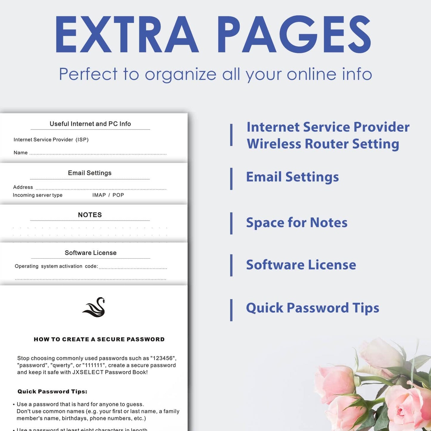 Elegant Password Book with Alphabetical Tabs - Hardcover Password Book for Internet Website Address Login - 7" x 10" Password Keeper and Organizer w/Notes Section & Back Pocket(Royal Blue)