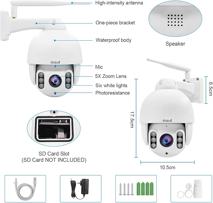 JideTech 5MP PTZ WiFi Camera Outdoor, 5X Optical Zoom IP Dome Camera, Auto Tracking Security Camera, 196ft IR Night Vision, Human/Motion Detection, Two Way Audio, IP66 Waterproof, SD Card Slot