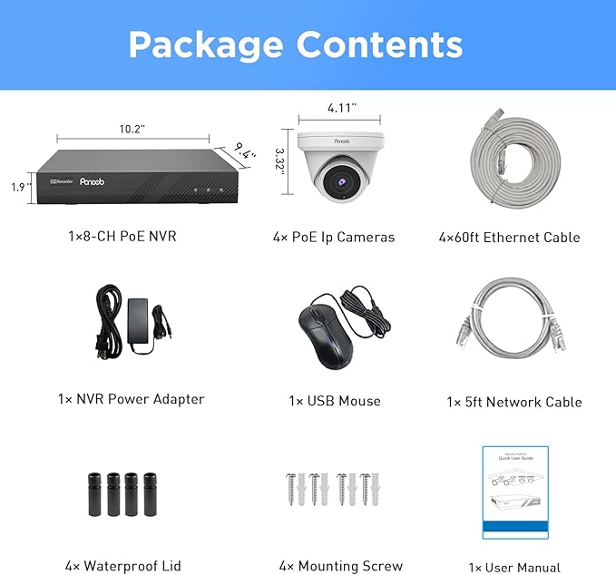 4K POE Security Camera System, 4PCS PoE Wired Turret 4K Cameras with Person Vehicle Detection,Wide Angle,Built-in Micphone, 4K/8MP 8 Channel NVR with 2TB HDD, 100Ft IR Night Vision,PD0408-4K