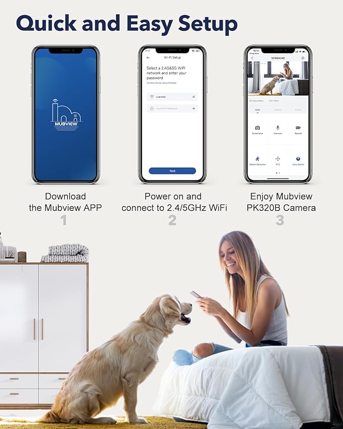 MUBVIEW Cameras for Home Security, Indoor Security Camera, 2.4/5GHz WiFi Wired Camera Ideal for Dog/Elder/Baby, Motion Tracking, Two-Way Audio, Pan Tilt, 7X24, 2K Night Vision PK320B-D
