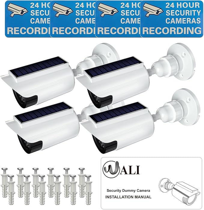 WALI Fake Dummy Camera, Solar Powered Fake Security Camera with LED Light, for Inside Outside Decoy Simulated Surveillance Security CCTV Dome Cameras with Warning Sticker (SOLTC-W4), 4 Packs, White