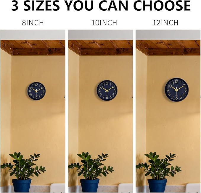 Silent Wall Clocks Battery Operated 8 Inch, Analog Wall Clock with Large Number Tempered Glass Clock Face, Navy Blue Quartz Non Ticking Wall Clocks for Living Room Bedroom Kitchen Office