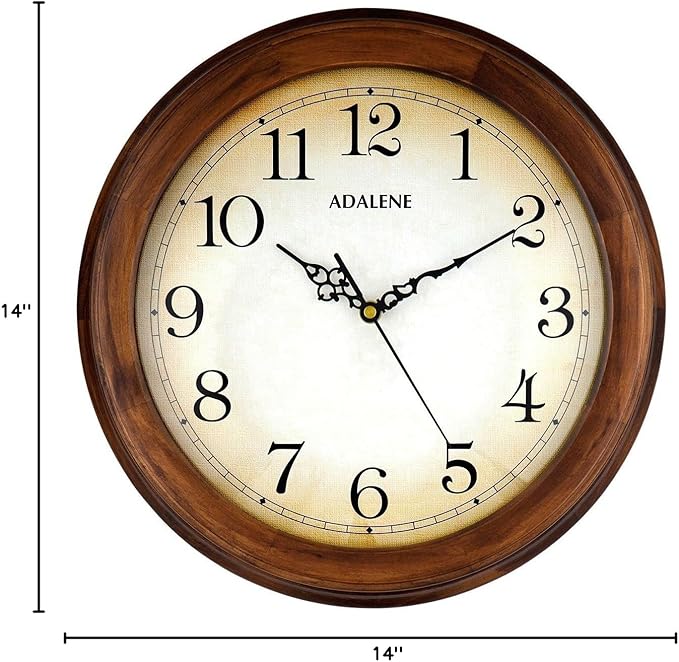 Adalene Wall Clocks Large Decorative For Living Room Decor 14 Inch Wooden Frame - Quiet Battery Operated Wood Wall Clock Silent Non Ticking Analog Quartz Movement, Large Numbers, For Kitchen, Bedrooms
