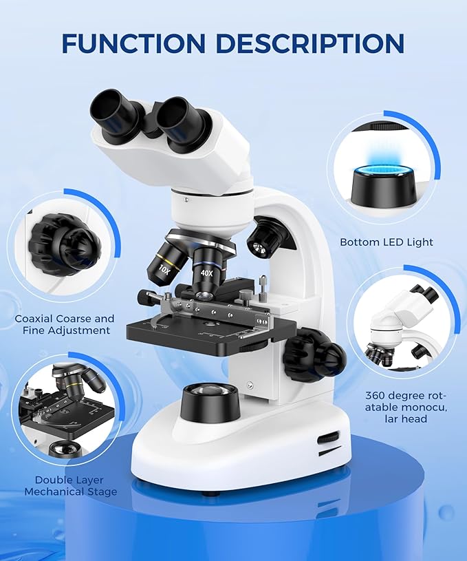 Compound Binocular Microscope for Adults, Professionals & Kids, 40X-2000X Magnification with LED Illumination, Mechanical Stage, WF2x & WF25x Eyepieces,Compatible for Lab, School, Home Education