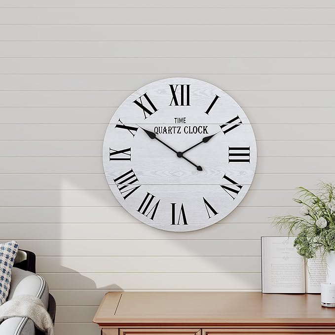 ARTPOWER Large Farmhouse Wall Clock, 24” Shiplap Wall Clock with Roman Numeral, Nearly Non-Ticking, Round Wall Clocks for Living Room Decor, Office, Bedroom, Entrance, White