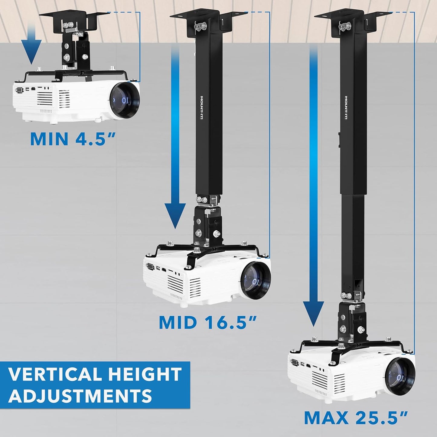 Mount-It! Projector Ceiling Mount and Wall Mount with Adjustable Arm, Universal Projector Mount for LCD/DLP Projectors, Flush Mount Option, Built-in Cable Management, 40lb Capacity, Black