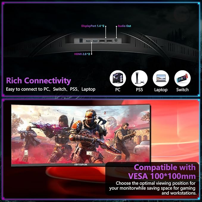 34 Inch Curved Ultra Wide WQHD 4K (3440 × 1440) Gaming Monitor, 165Hz 1500R-PIP/PBP, 1ms (MPRT), HDR400, DCI-P3 95%,FreeSync & G-Sync, 2 x DP 1.4 and 2 x HDMI 2.0, Tilt Height Adjustment