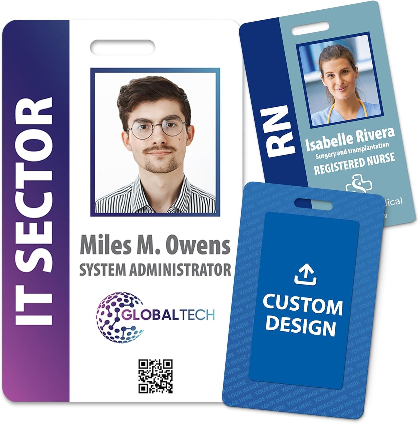 Custom Print Employee ID Badge with Vertical Side Text, Double Sided Print with Name, Photo, Logo, and Barcode â Unique Photo ID Card Solution (ID Vertical)