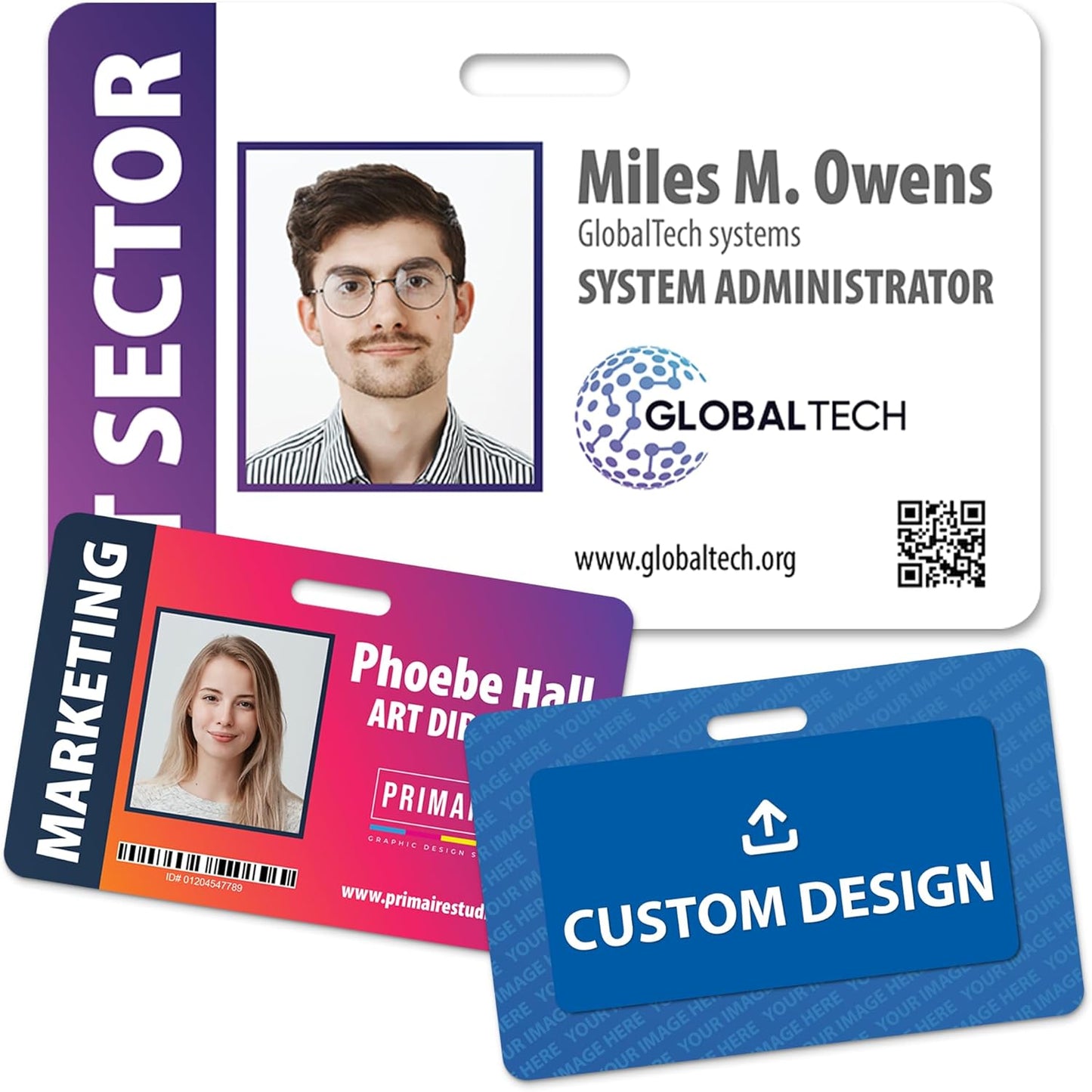 Custom Print Employee ID Badge with Vertical Side Text, Double Sided Print with Name, Photo, Logo, and Barcode â Unique Photo ID Card Solution (ID Horizontal)