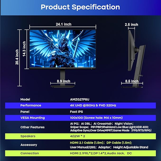 Amzfast 27’‘ 4K Gaming Monitor HDR 400, UHD 160Hz 144Hz | FHD 320Hz 300Hz Dual Mode PC Monitor, Built-in Speakers 1ms Fast IPS, 126% sRGB PIP/PBP, 2* HDMI 2.1 & 2* DP 1.4 VESA (HDMI DP Dual Cables)