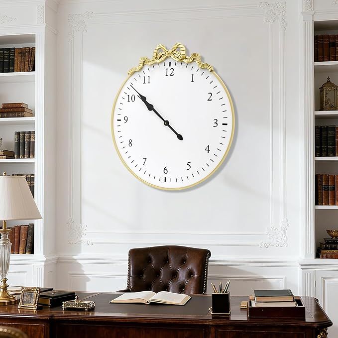 Large Vintage Gold Wall Clock, 27.5inch Decorative Round Wall Clocks with Bow Decor for Living Room, Retro Metal Battery Operated Clocks for Bedroom, Dining Room,Office