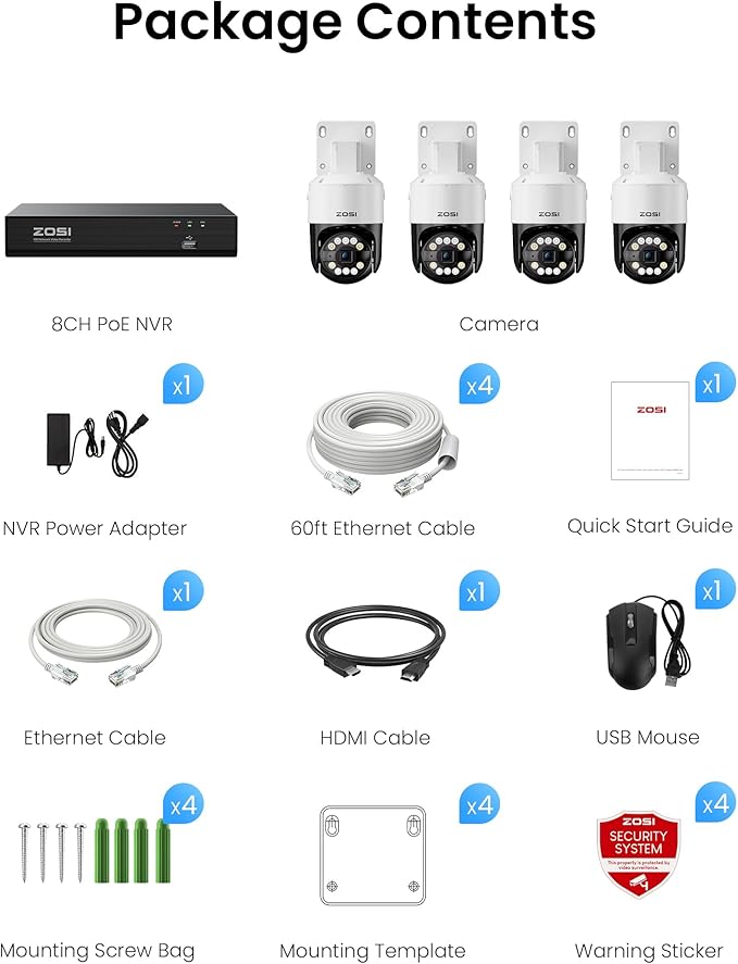 ZOSI 4K 8CH PoE Security Camera System(16CH Expandable), AI Face Person Vehicle Detect, 4 x 8MP 4K Outdoor Auto Tracking PT PoE Camera with Floodlights and 2-Way Audio, 8 Channel 8MP NVR with 2TB HDD