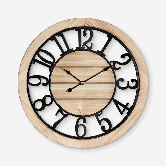 Maxstar 24'' Wall Clock for Living Room Decor, Ultra-Silent Rustic Wooden Farmhouse Wall Clock with Metal & Real Wood Frame, Battery Operated, for Kitchen Bedroom Office, Arabic Numerals