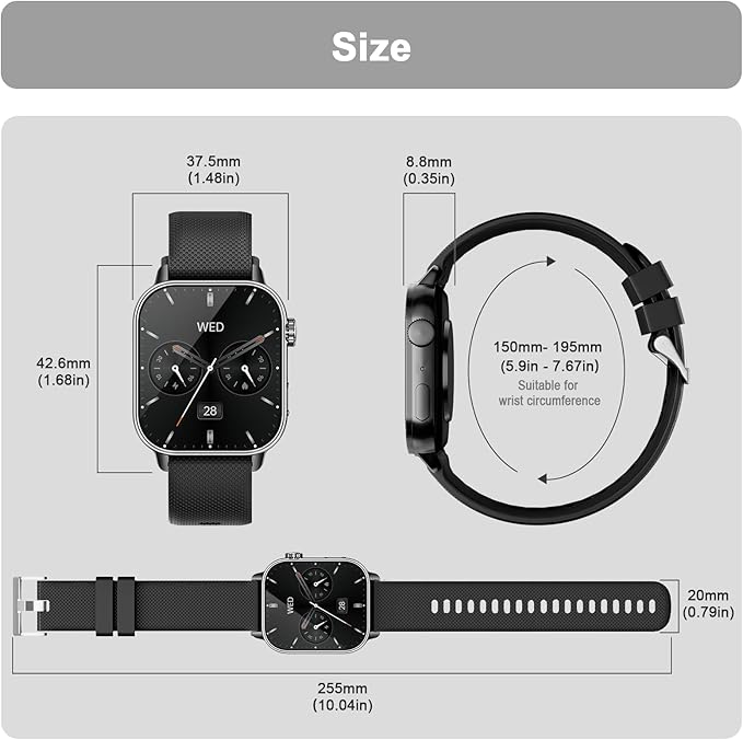 Smart Watch for Men Women, 1.85'' AMOLED HD Fitness Watch with 120+ Sports Modes, Bluetooth Call/Heart Rate/Sleep Monitor/Pedometer, Smartwatch for Android iOS, IP68 Waterproof, Black