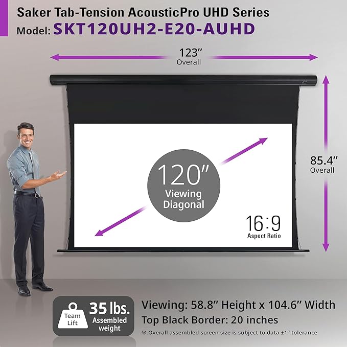 Elite Screens Saker Tab-Tension AcousticPro UHD Series, 120" Diagonal 16:9, 4K/8K Ultra HD Electric Sound Transparent Perforated Weave Drop Down Front Projector Screen, SKT120UH2-E20-AUHD