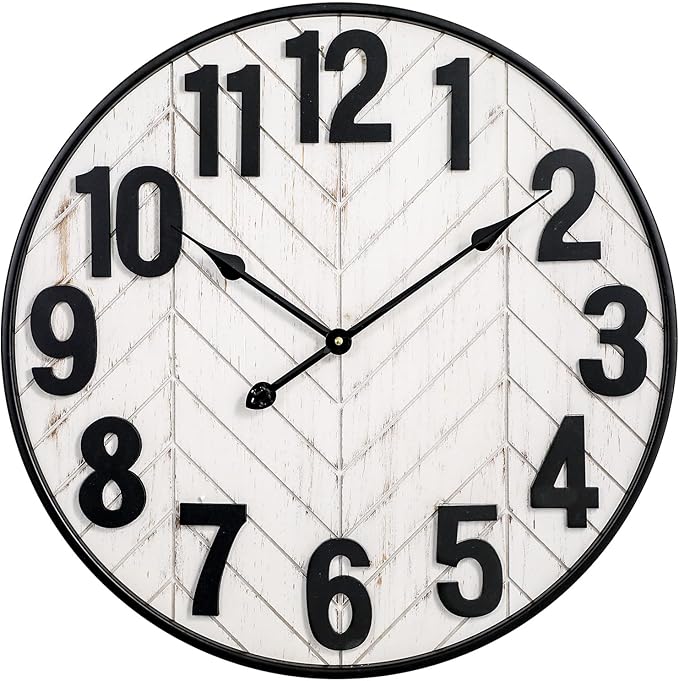 30 Inch Large Wall Clock, Oversized Wood Farmhouse Wall Clock with Metal Frame, Battery Operated Non-Ticking Silent Wall Clocks for Living Room, Kitchen, Bedroom Decor (Whitewashed)
