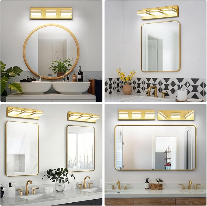 Modern LED Small Bathroom Lights Fixtures(3-Light),Metal Gold Acrylic Wall Lighting,Vanity Lights for Bathroom Over Mirror(6000k 16in)