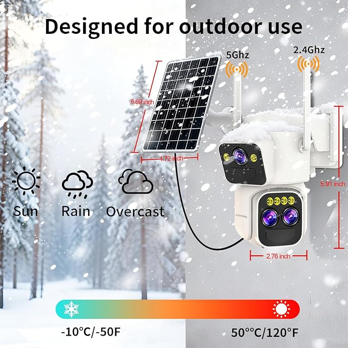 Triple-Lens Solar Security Cameras Wireless Outdoor,360°PTZ Cameras for Home Security with 10x Hybrid Zoom,5G/2.4G WiFi,No Month Fee,PIR Alarm,Full Color Night Vision, Two-Way Audio,IP65