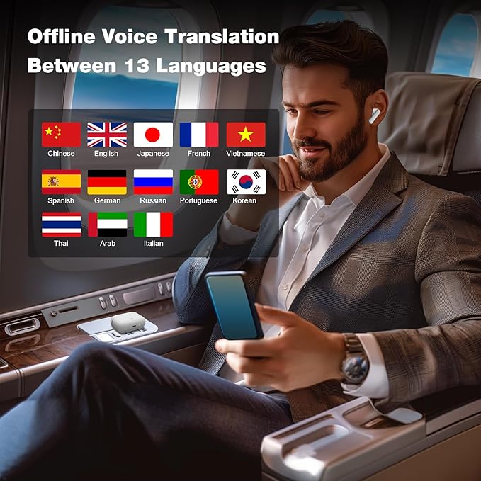 IAMJOY Language Translation Earbuds, 163 Language & Accents Two-Way Translator Device Built-in 6 Mics, 42dB Hybrid Dual Noise Cancelling Earbuds for Travel Business Learning, White