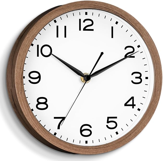 AKCISOT Wall Clock, Modern Small Wall Clocks Battery Operated 10 Inch, Silent Non-Ticking Analog Classic for Office, Home, Bathroom, Kitchen, Bedroom, School(Walnut Grain)