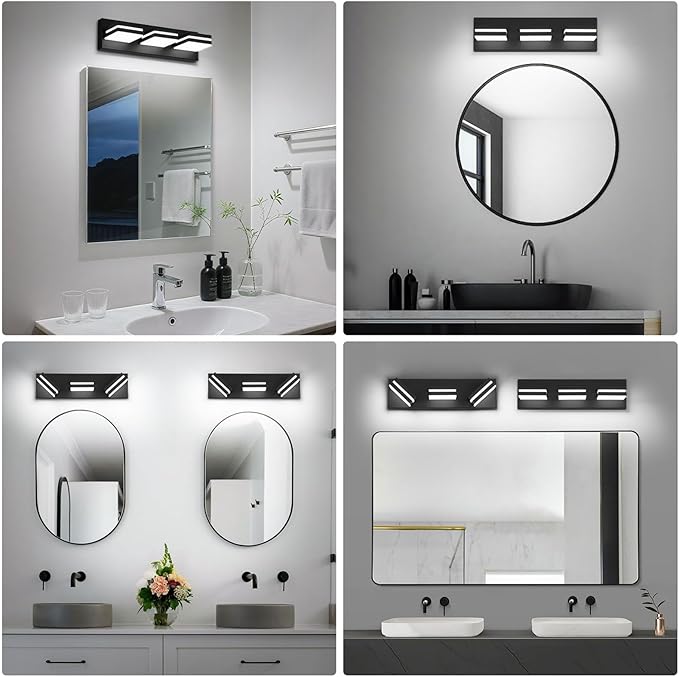 Modern LED Small Bathroom Lights Fixtures(3-Light),Metal Black Acrylic Wall Lighting,Vanity Lights for Bathroom Over Mirror(6000K 16in)
