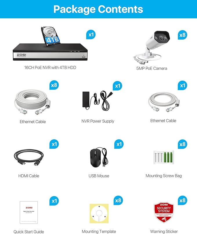 ZOSI 16CH 4K PoE Security Camera System with 2 Way Audio,H.265+ 8MP 16CH NVR with 4TB HDD for 24/7 Recording,8X 5MP PoE IP Cameras Indoor Outdoor with Person Vehicle Detection,Color Night Vision